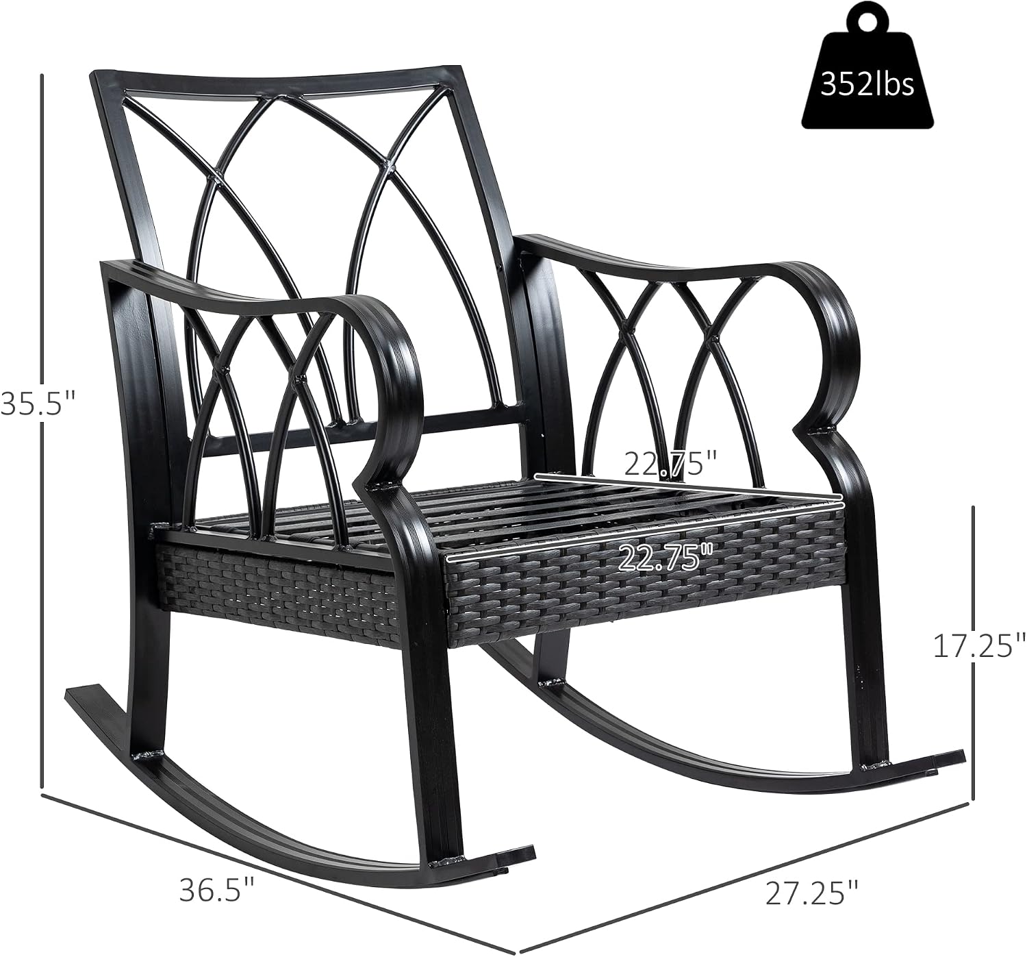 Outsunny Outdoor Wicker Rocking Chair with Padded Cushions, Aluminum Furniture Rattan Porch Rocker Chair w/Armrest for Garden, Patio, and Backyard, Blue