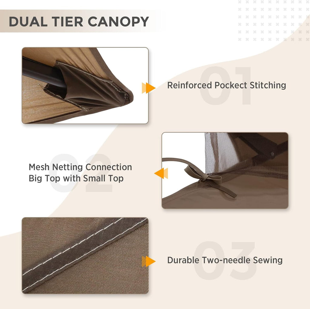 COOS BAY 11x11 Replacement Gazebo Top with Air Vent Sunshade Polyester Top Cover Only, Brown