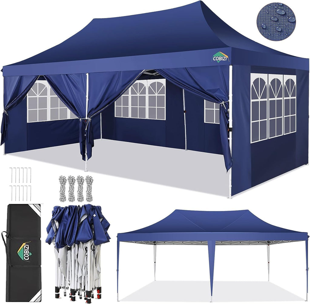 COBIZI 10x20 Pop up Canopy Tent with 6 Sidewalls, Easy Set up Canopy Tents Gazebos for Parties with Metal Frame, Waterproof & UV50+, Height Adjustable, Potable Carry Bag Included (Dark Blue)