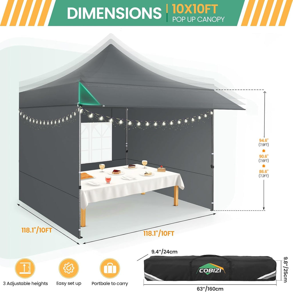 COBIZI 10x10 Pop Up Canopy Tent with Awning & Sidewalls, Heavy Duty Commercial 10X10 Canopy Tents Instant Waterproof, UPF 50+ Sun Shade for Outdoor, Parties, Markets (Gray)
