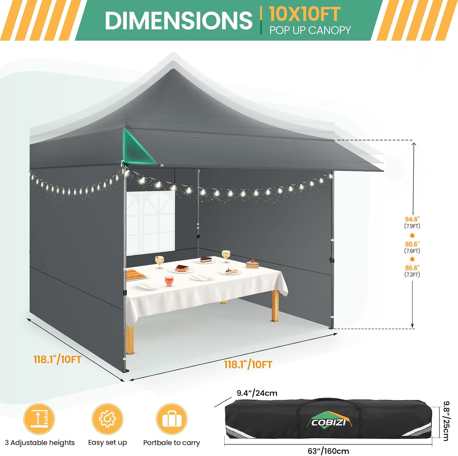 COBIZI 10x10 Pop Up Canopy Tent with Awning & Sidewalls, Heavy Duty Commercial 10X10 Canopy Tents Instant Waterproof, UPF 50+ Sun Shade for Outdoor, Parties, Markets (Gray)