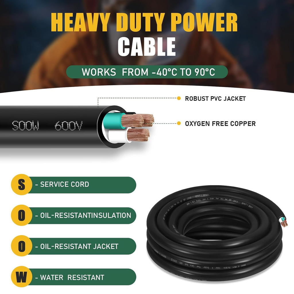 10ft 6/4 6 AWG Portable Power SOOW Cable (4 Conductor) - 600V 6 Gauge Electric SOOW Wire for Generator, Portable Lights, RV/EV Car Battery Chargers and Machinery - 10 Feet Electrical Cord