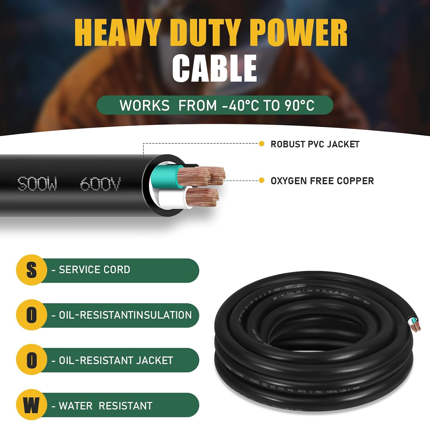 10ft 6/4 6 AWG Portable Power SOOW Cable (4 Conductor) - 600V 6 Gauge Electric SOOW Wire for Generator, Portable Lights, RV/EV Car Battery Chargers and Machinery - 10 Feet Electrical Cord