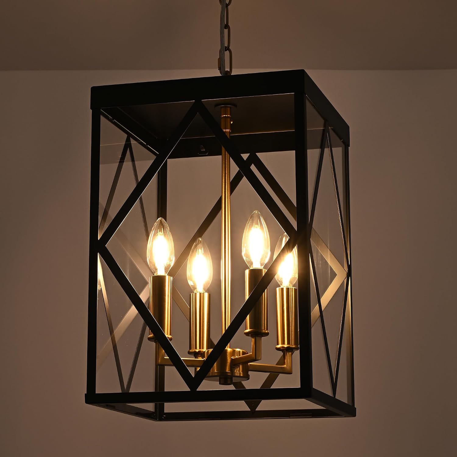 Outdoor Pendant Light for Porch, 4-Light Modern Metal Exterior Hanging Lantern Pendant Light Outside Chandelier Black with Clear Glass or Front Porch Entrance Foyer Entryway, Brass Socket