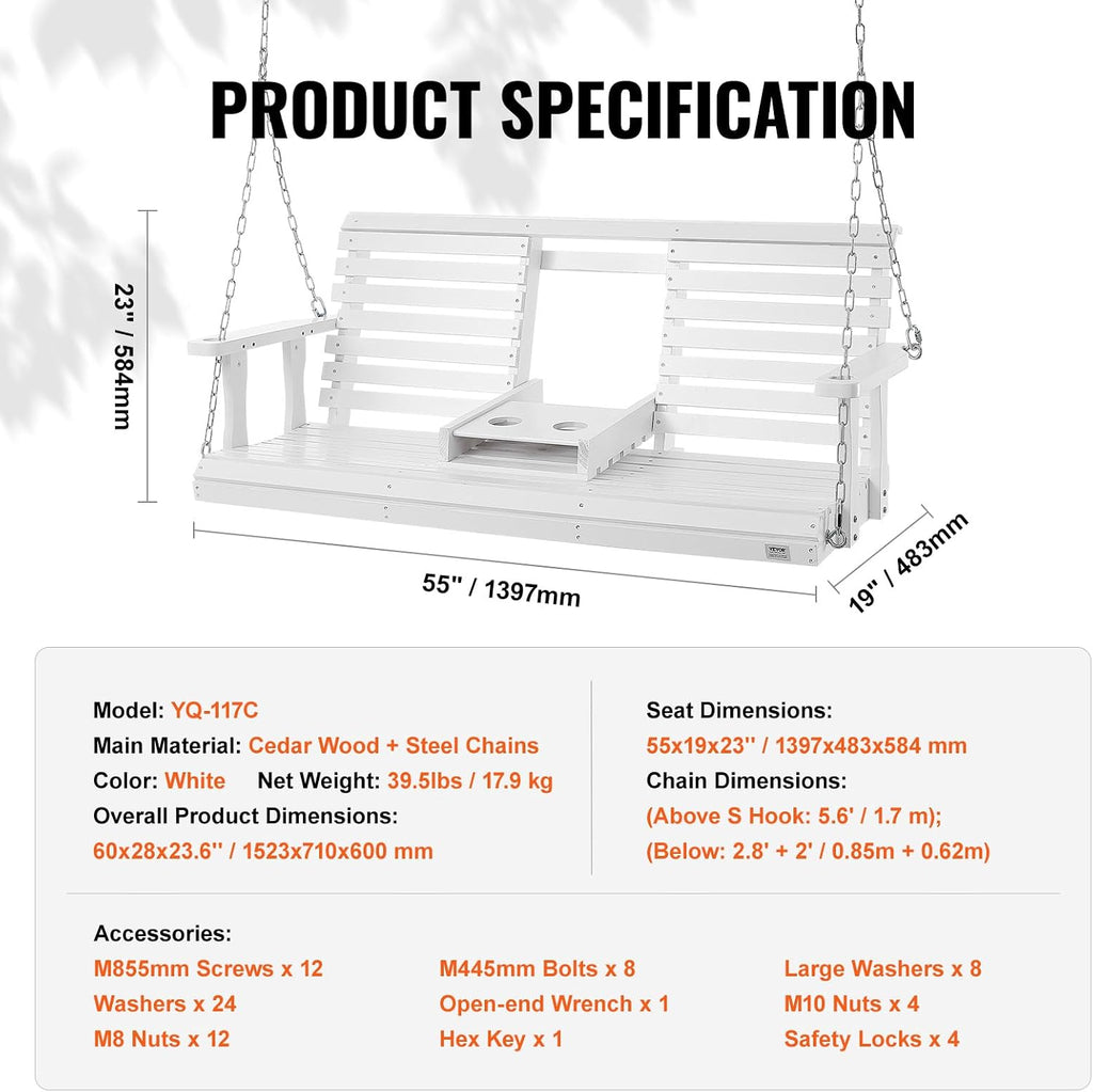 VEVOR Wooden Porch Swing 5 ft, Patio Bench Swing for Courtyard & Garden, Upgraded 880 lbs Strong Load Capacity, Heavy Duty Swing Chair Bench with Hanging Chains for Outdoors, White