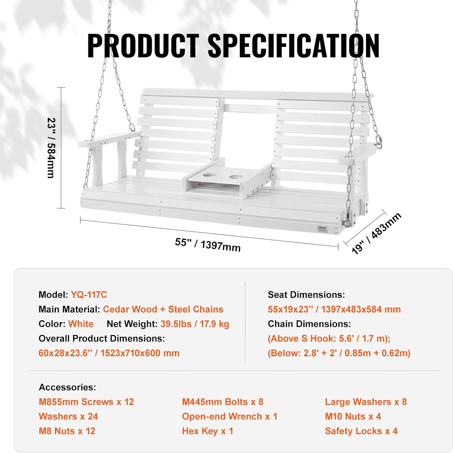 VEVOR Wooden Porch Swing 5 ft, Patio Bench Swing for Courtyard & Garden, Upgraded 880 lbs Strong Load Capacity, Heavy Duty Swing Chair Bench with Hanging Chains for Outdoors, White