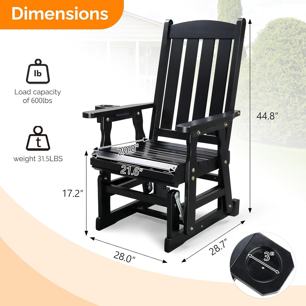 VINGLI Outdoor Glider Chair Wood Patio Glider with Cup Holder, Porch Glider with Smooth Rocking Mechanism, Heavy Duty 600 LBS, Black