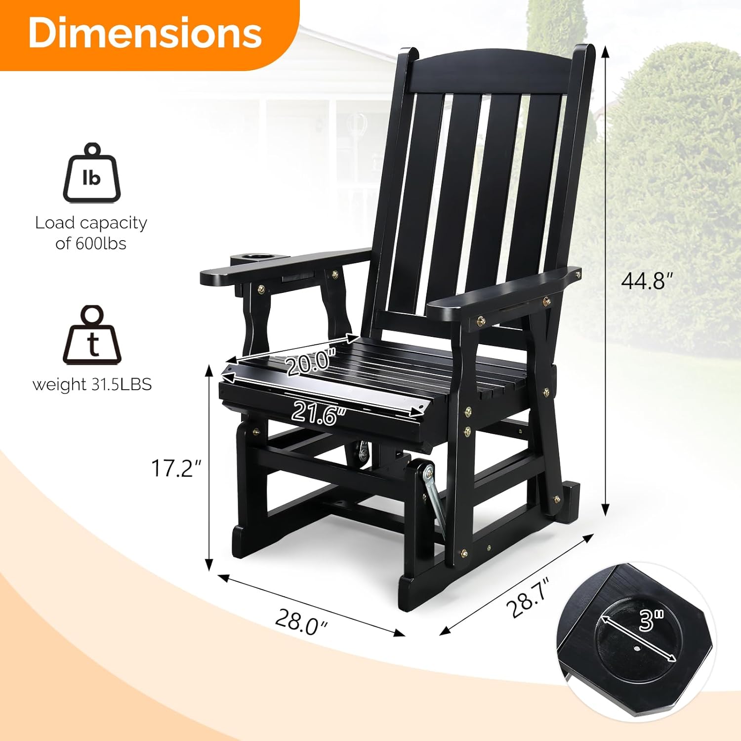 VINGLI Outdoor Glider Chair Wood Patio Glider with Cup Holder, Porch Glider with Smooth Rocking Mechanism, Heavy Duty 600 LBS, Black