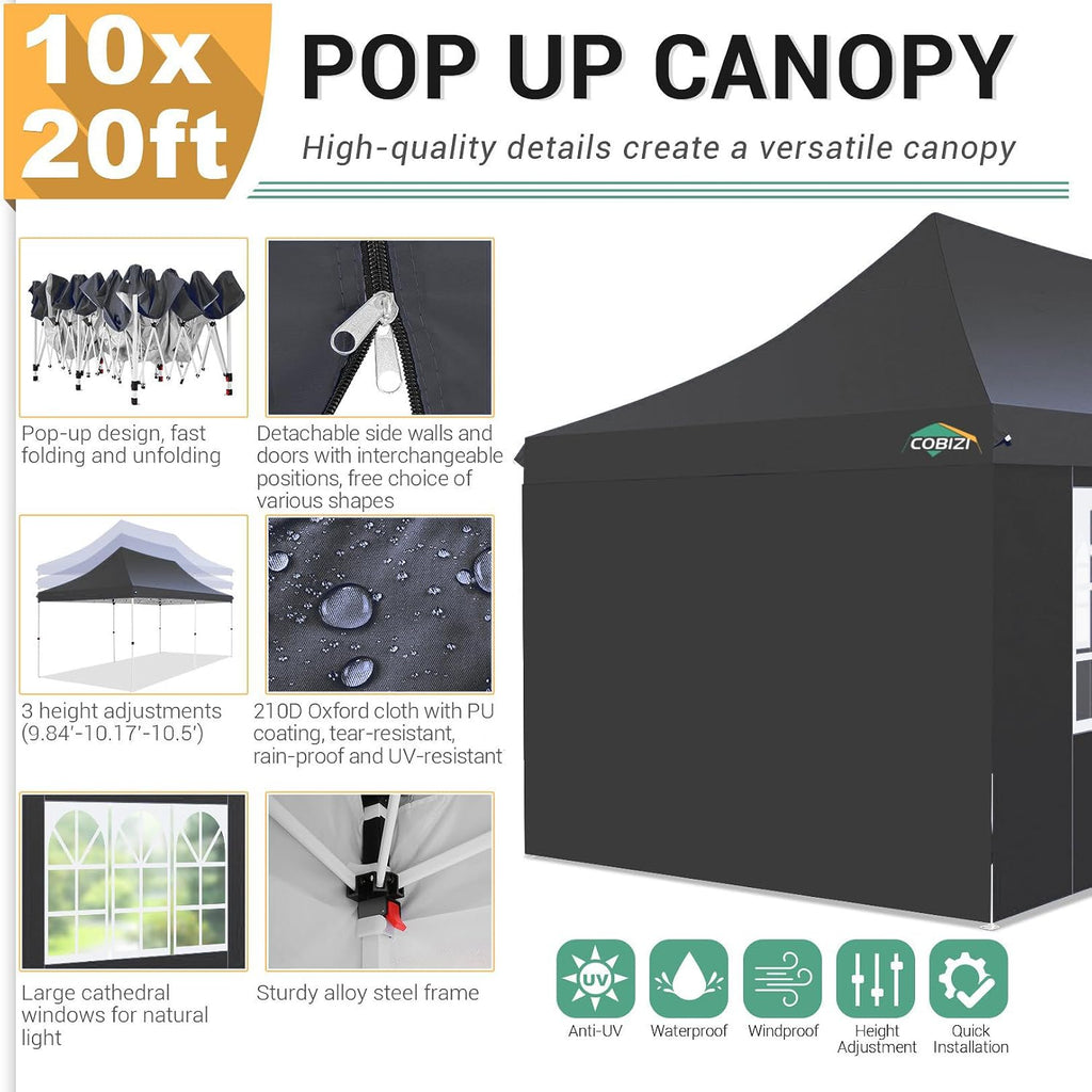 COBIZI 10x20ft Pop Up Canopy Tent with 6 Removable Sidewalls, Easy Up Commercial Canopy, Waterproof and UV50+ Gazebo with Portable Bag, Adjustable Leg Heights,Party Tents for Parties, with 4 Sandbags