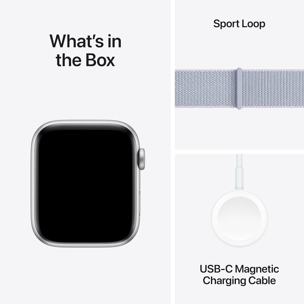 Apple Watch SE (2nd Gen) [GPS 44mm] Smartwatch with Silver Aluminum Case with Winter Blue Sport Loop. Fitness & Sleep Tracker, Crash Detection, Heart Rate Monitor, Carbon Neutral