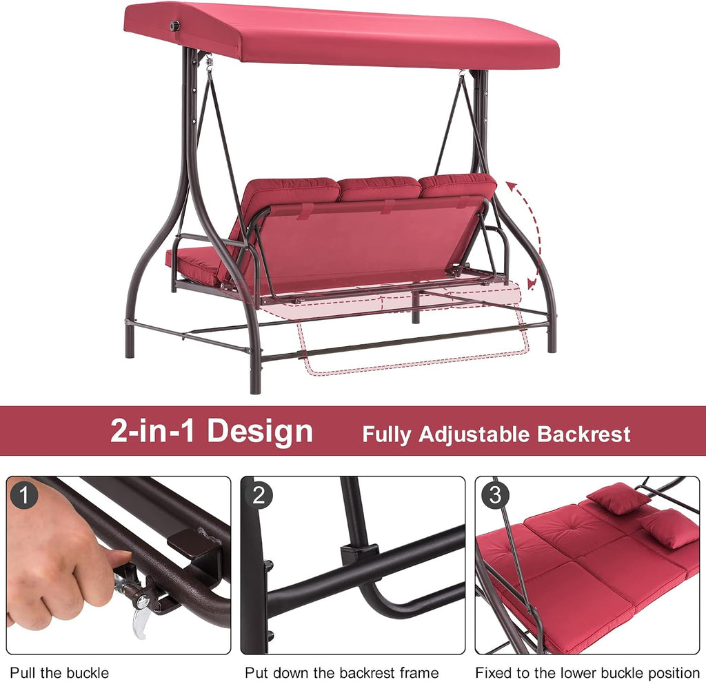 MCombo 3-Seat Outdoor Patio Swing Chair, 2-in-1 Convertible Porch Swing Glider Chair with Removable Cushions, Adjustable Canopy & Pillows for Backyard, Deck, Garden, 4068 (Burgundy)