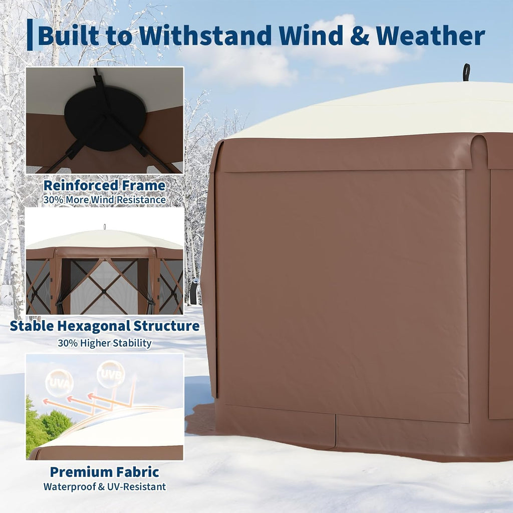 GarveeLife 11.5x11.5FT 6-Sided Pop Up Gazebo Tent，One-Push Setup Canopy Tent with Mesh Panels & Removable Wind Cloths, Outdoor shelter for Camping, Backyard Parties, Outdoor Events - Beige & Khaki
