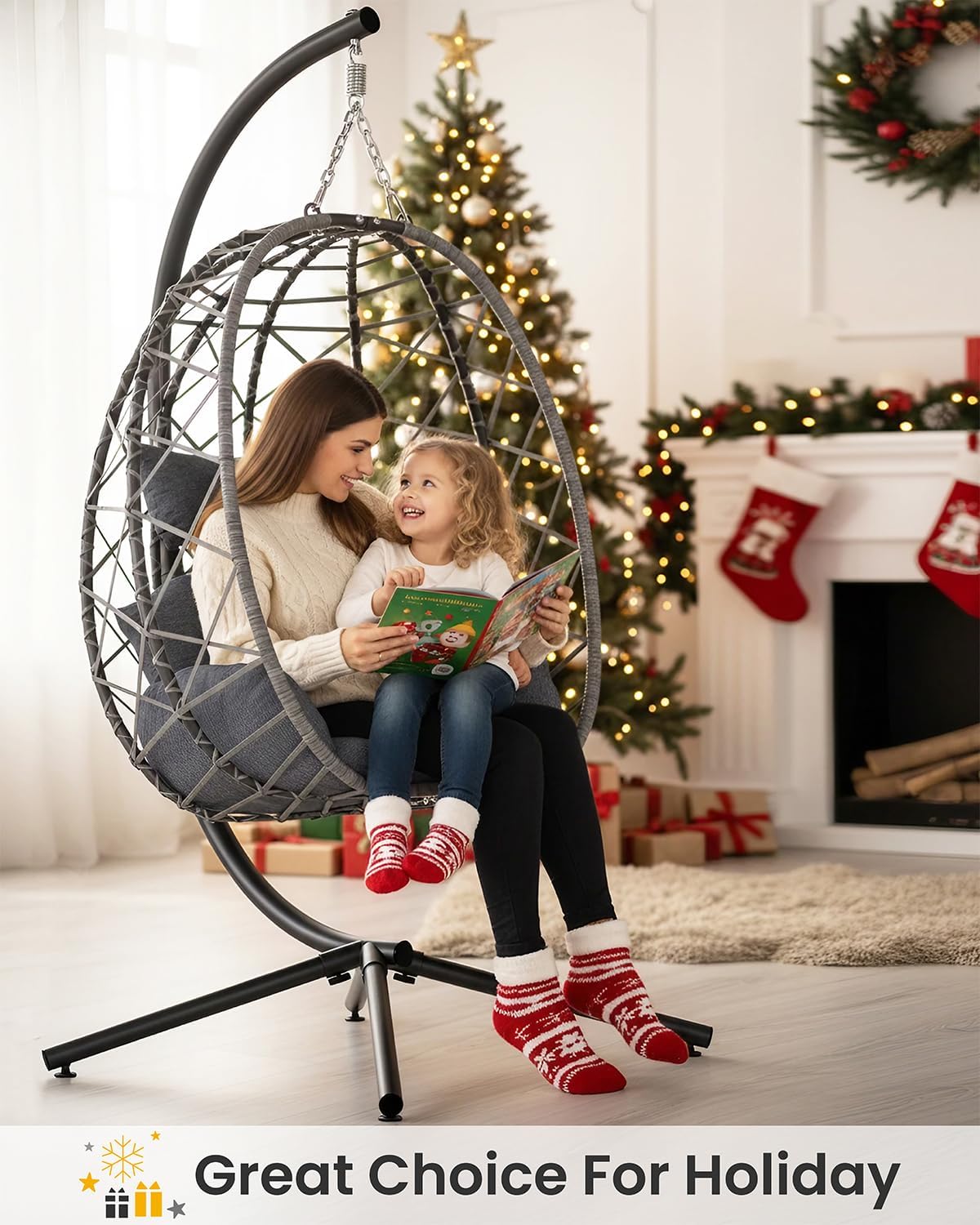 SWITTE Hanging Egg Chair with Stand, Outdoor Indoor Rattan Wicker Egg Swing Chair with Cushion, Heavy Duty Patio Hammock Chairs for Garden Backyard Balcony Bedroom, 400LBS Capacity, Dark Grey