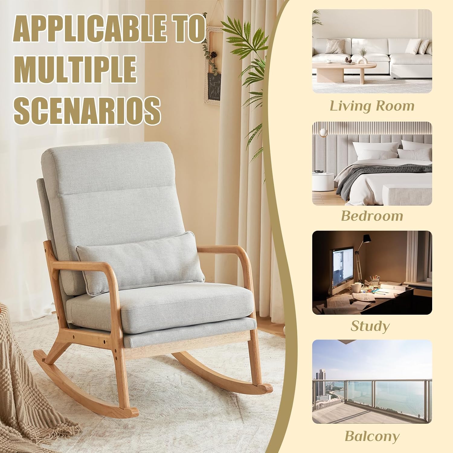 Karl home Nursery Rocking Chair Removable Glider Rocker High Backrest Rocking Armchair Mid-Century Accent Chair with Lumber Pillow for Bedroom, Living Room, Nursery, Light Gray