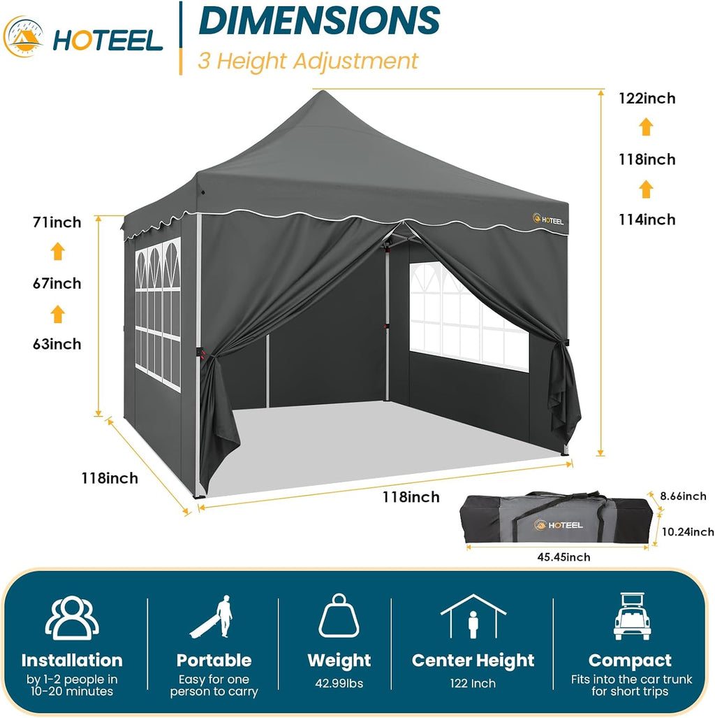 HOTEEL Canopy Tent 10x10 Pop Up Canopy with 4 Removable Sidewalls, Sandbags, Stakes & Ropes, UPF 50+ Easy Setup Canopy Tent Waterproof Outdoor Instant Portable Shelter for Party, Events, Vendor, Gray