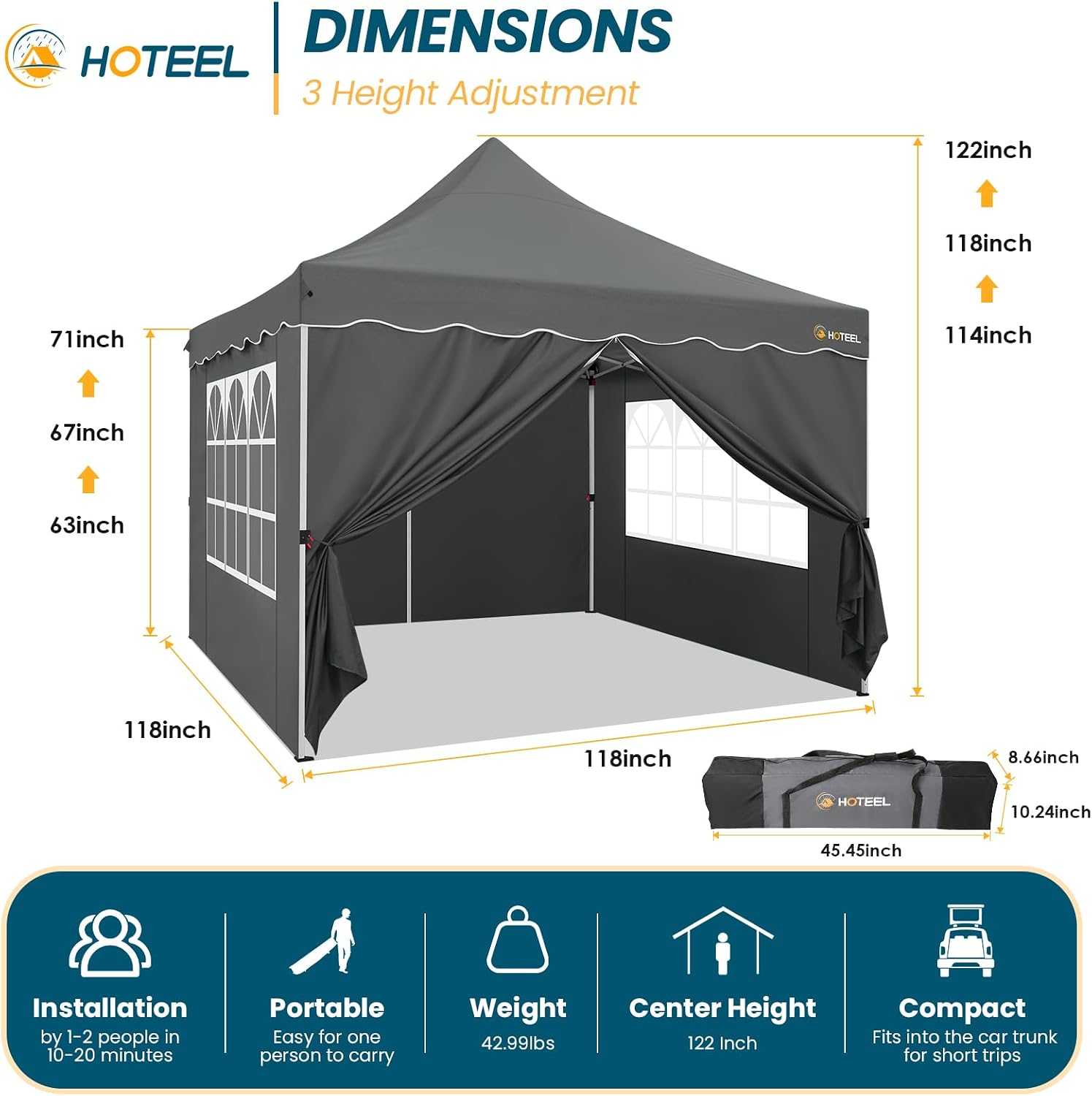 HOTEEL Canopy Tent 10x10 Pop Up Canopy with 4 Removable Sidewalls, Sandbags, Stakes & Ropes, UPF 50+ Easy Setup Canopy Tent Waterproof Outdoor Instant Portable Shelter for Party, Events, Vendor, Gray