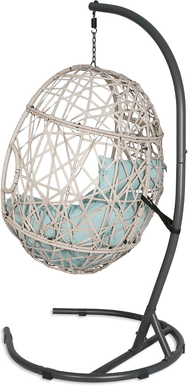 Outdoor Rattan Egg Hanging Swing Chair with Cushions and Stand (Blue)