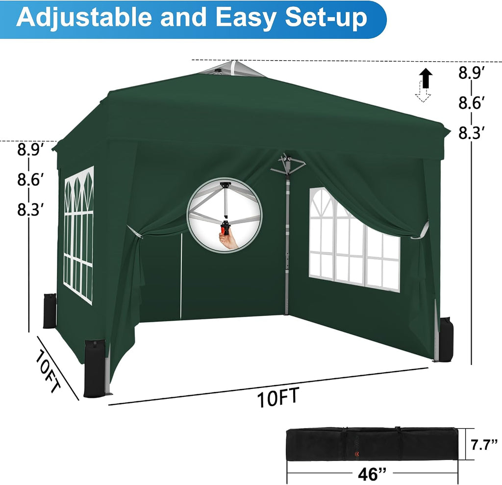 SANWAY 10x10 Pop Up Canopy Tent with Sidewalls x 4 – Easy Setup Canopy Tent, Waterproof, UV-Resistant, Portable with Carry Bag for Outdoor Events, Camping, and Backyard Parties – Dark Green