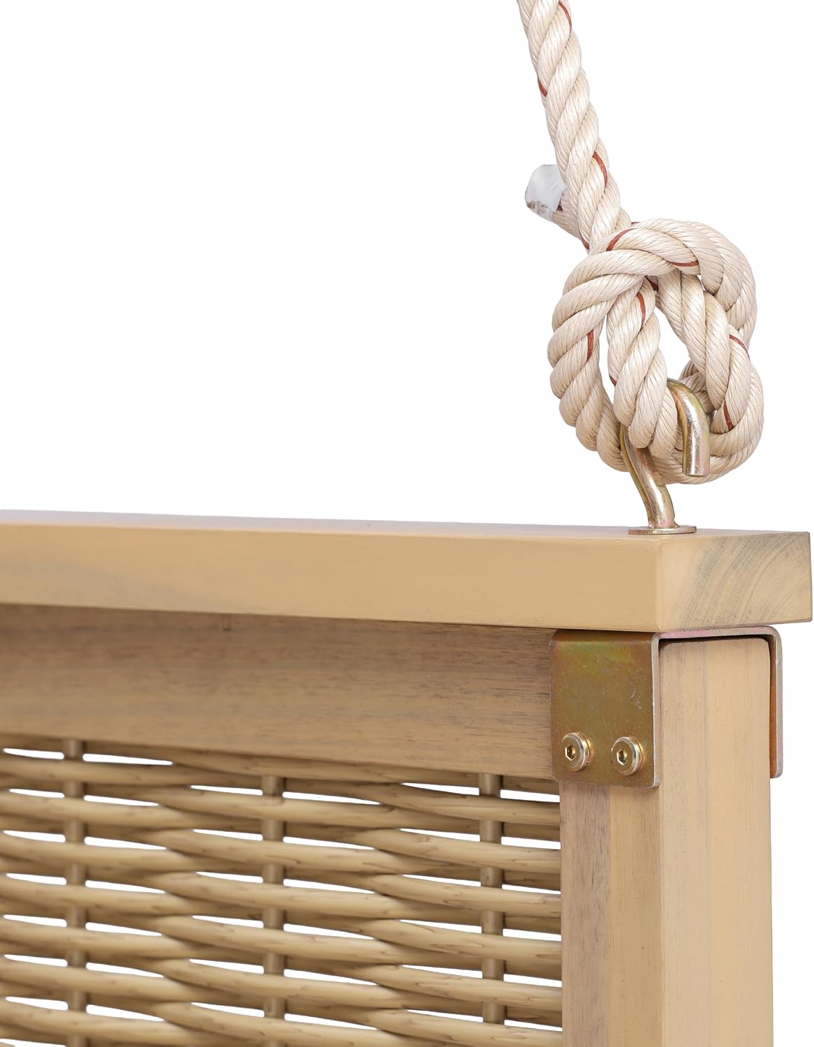 Acacia Wood & Rattan Twin Size Outdoor Swing Bed with Hanging Ropes - 3 Color Options for Backyard or Porch Relaxation (Light Teak/RR)