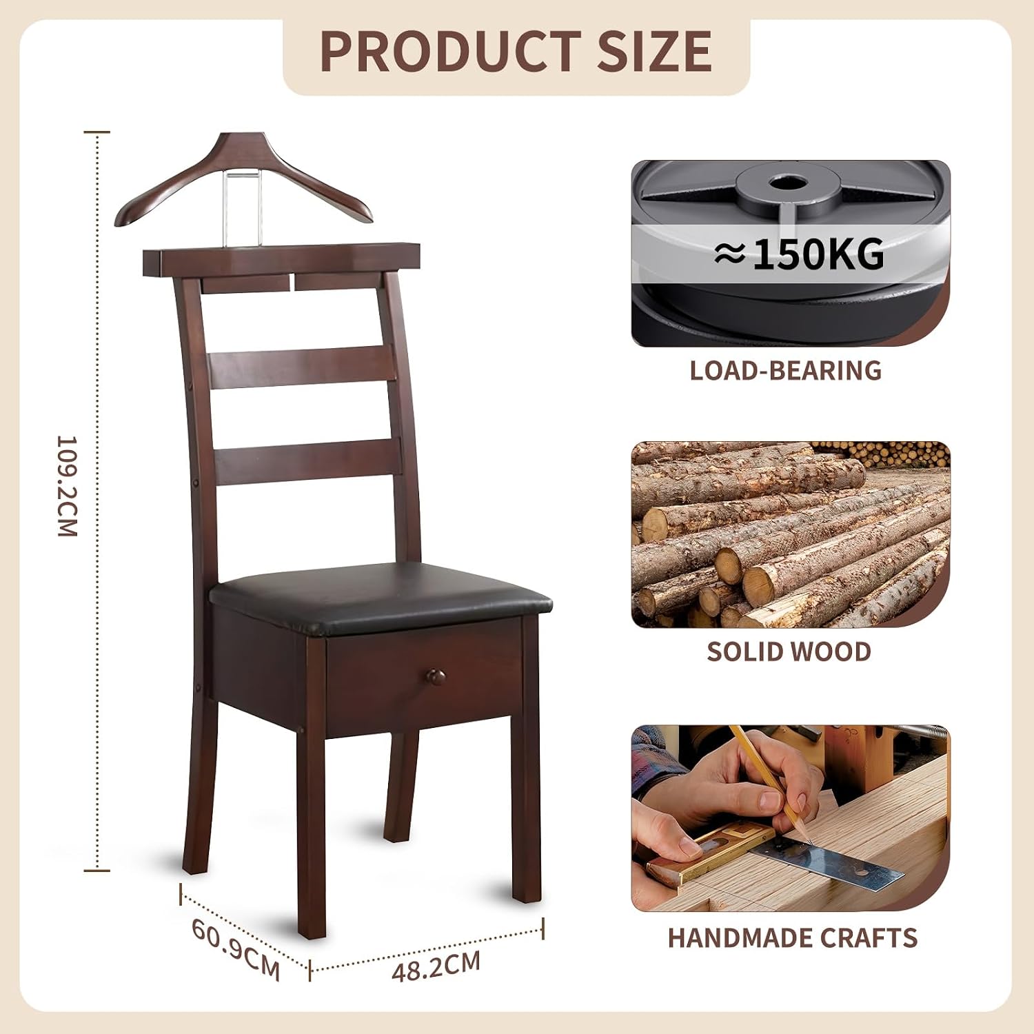 Chair Valet with cushioned seat Freestanding Suit Stand&Clothes Butler Wood Valet Stand with Drawer&Tray Clothing Rack with Contour Hanger Trouser Bar Suit Rack for Living Room Office Dressing Room