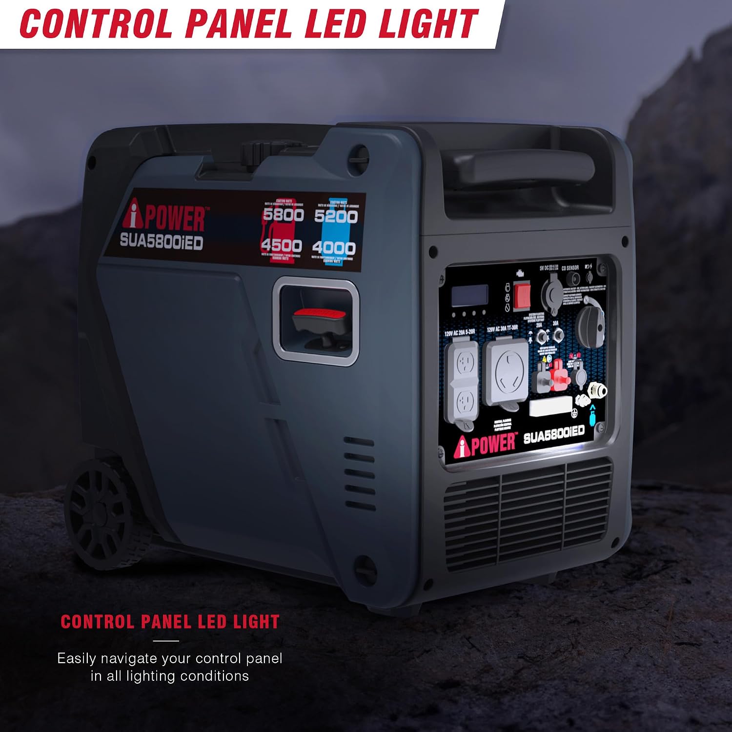 A-iPower 5800-Watt Dual Fuel Quiet Portable Inverter Generator, Electric Start RV Ready, EPA & CARB Compliant CO Sensor, With Telescopic Handle For Backup Home Use, Tailgating & Camping (SUA5800iED)