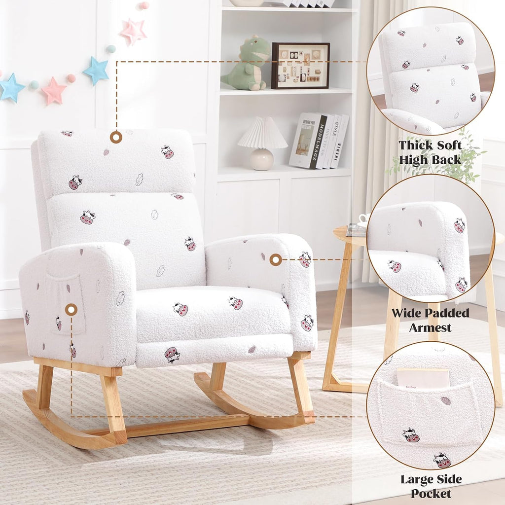 HCHAIRH Rocking Chair Nursery with Foot Rest, Nursing Rocking Chairs for Mom Breastfeeding, Teddy Rocker Glider Chair with High Backrest for Living Room, Bedroom, Cow Printed White