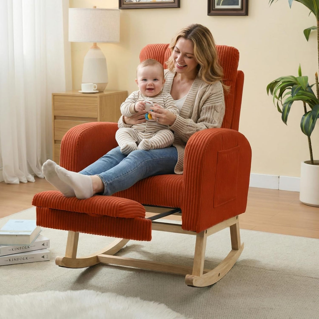 NIOIIKIT Nursery Rocking Chair, Corduroy Upholstered Rocking Chair with Adjustable Footrest, Tufted Rocker Chair with Side Pocket, Glider Rocker for Living Room, Bedroom (Orange Retro)