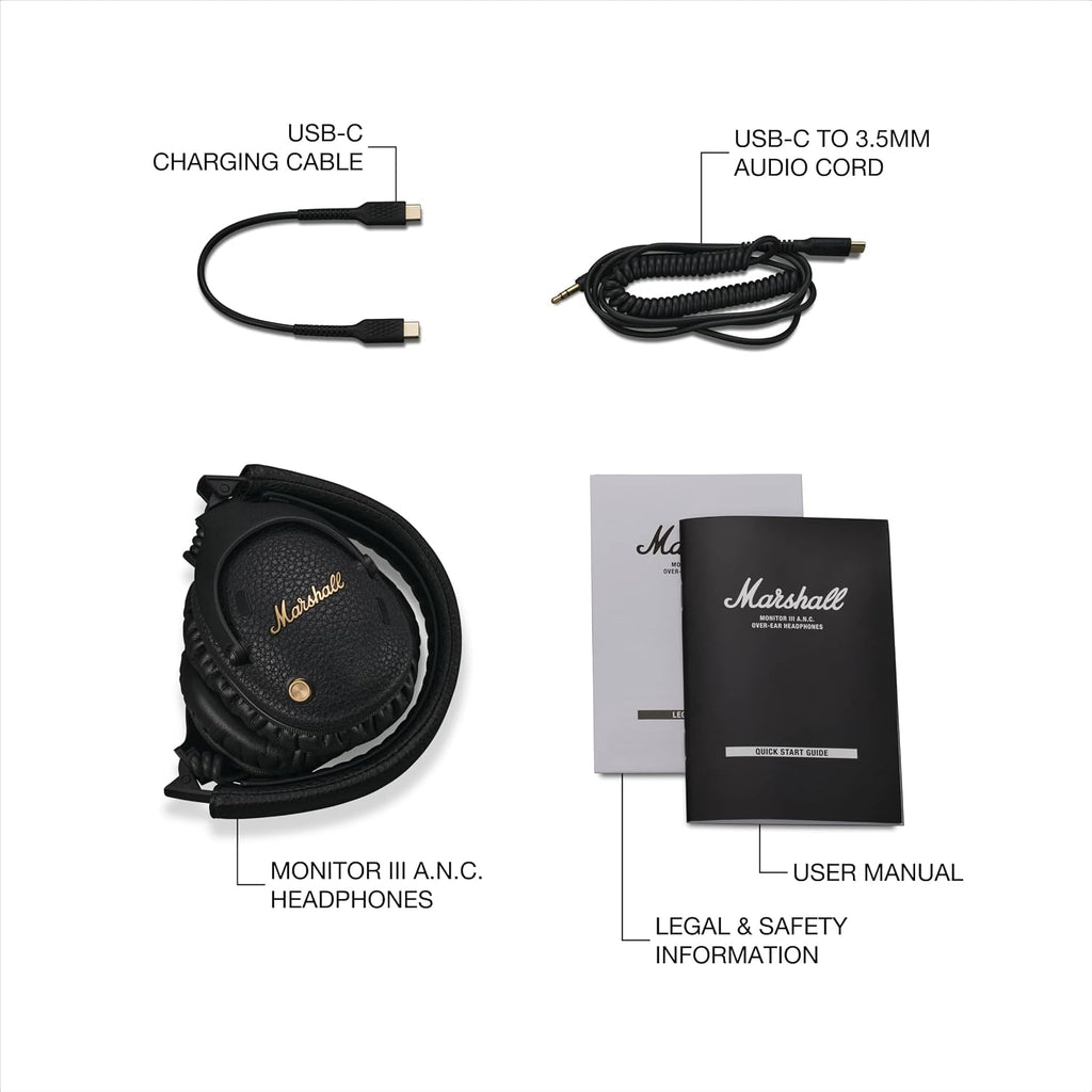 Marshall Monitor III A.N.C. Over-Ear Bluetooth Headphones - Active Noise Cancelling with Microphone | 100+ Hrs Wireless Playtime | Lightweight, Foldable Design for Travel - Black