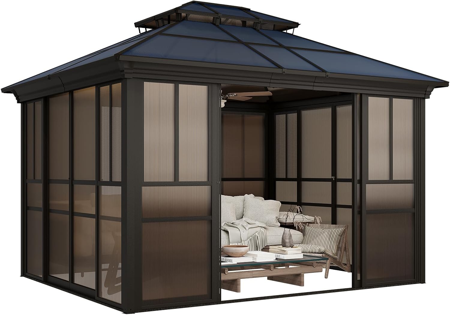 EROMMY 10x12 Sunroom Gazebo, Polycarbonate Roof Outdoor Solarium with Sliding Door & Adjustable Window Panels, Enclosed Patio Sunroom with Mesh Screens, Aluminum Frame Backyard Enclosure
