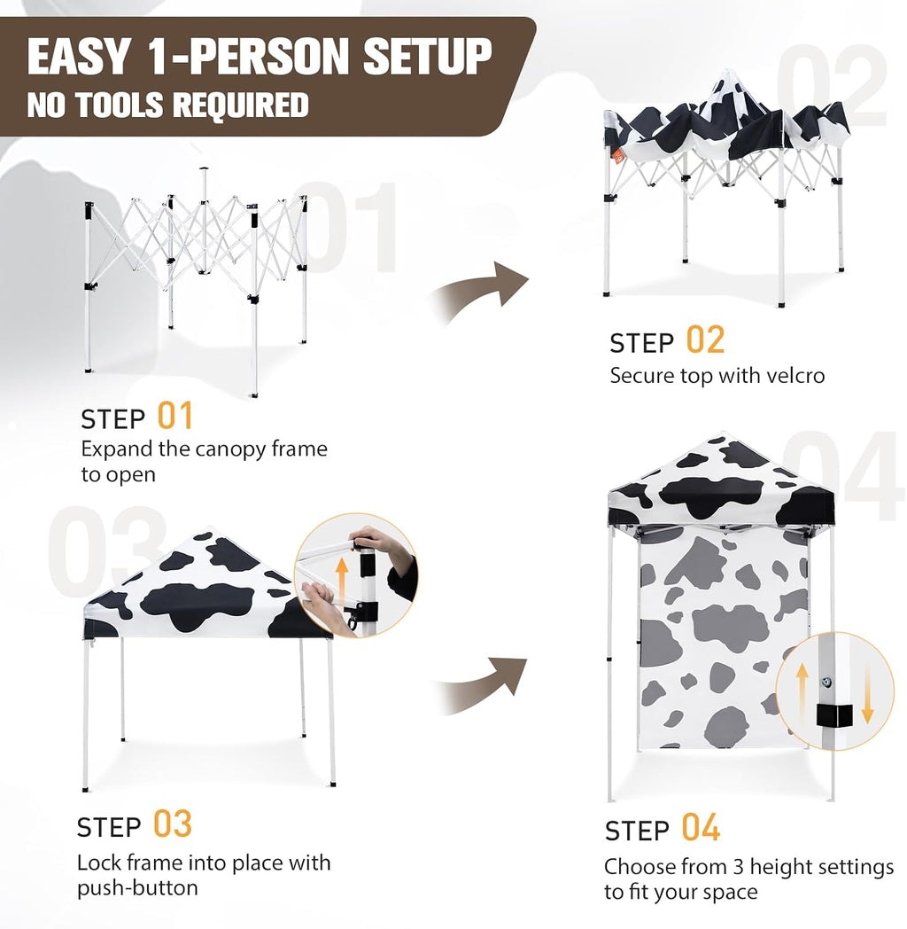 EAGLE PEAK Pop up Canopy 5x5, Outdoor Portable Canopy Tent with One Removable Sunwall, Carry Bag Included, Cow Print