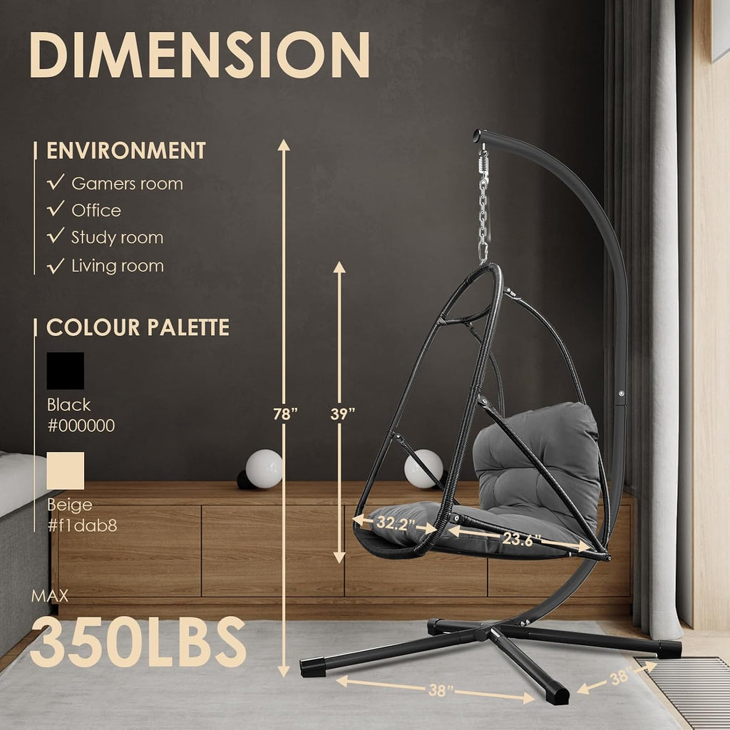 JESE Swing Egg Chair Foldable Frame Hanging Chairs, UV Resistant Waterproof Cushion and Cup Holder,Swing Hammock Chairs for Patio,Bedroom,Balcony, Garden-350lbs, Stand Included, Brown