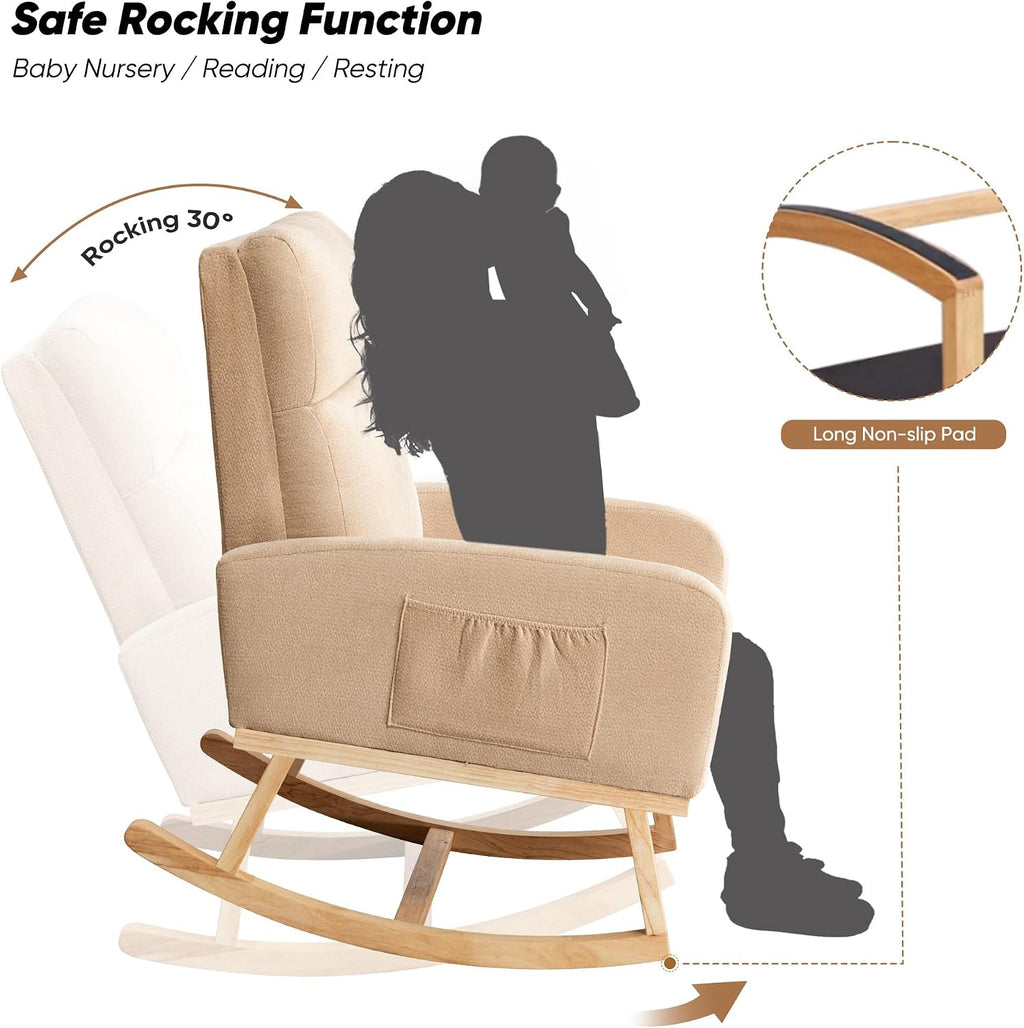 Rocking Chair Nursery, Uplostered Fabric Nursery Rocking Chair, Comfy High Backrest Rocker Nursing Chair for Mom Breastfeeding with Extended Legs for Living Room Bedroom, Khaki
