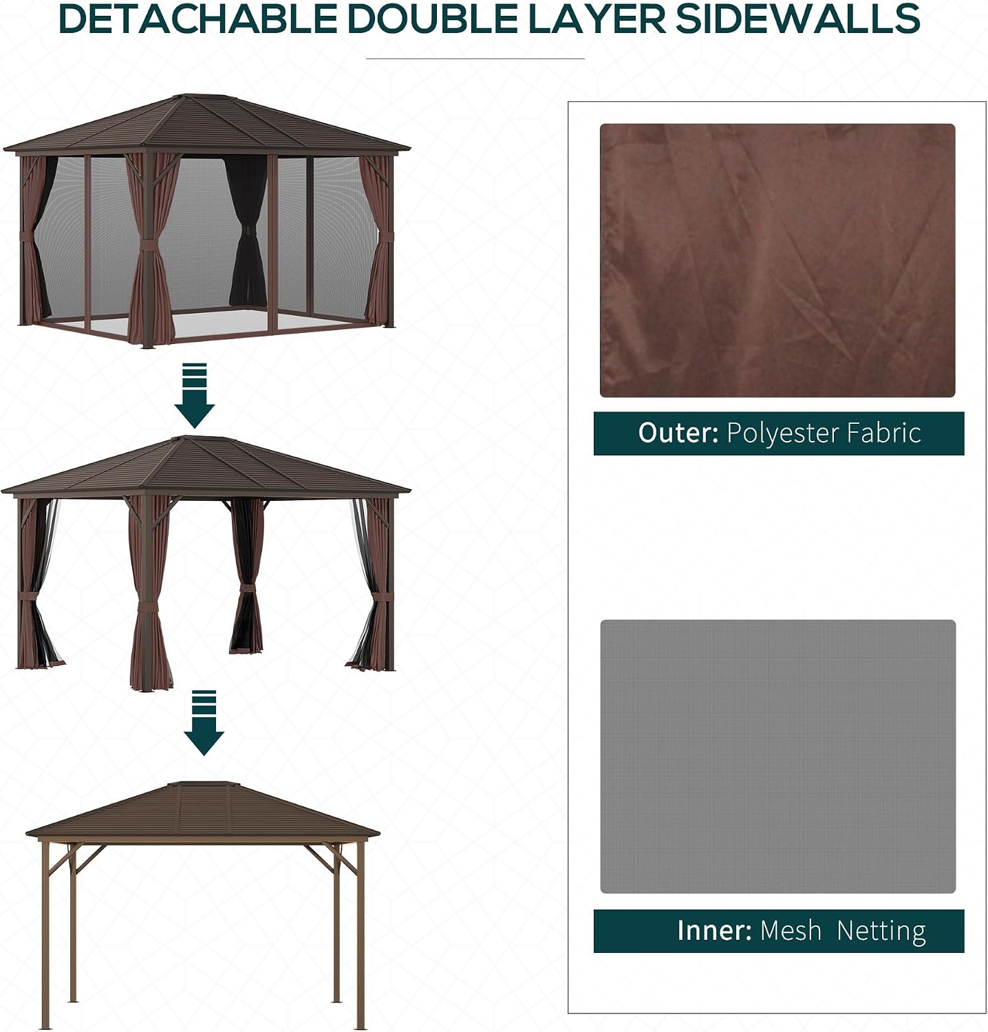 Outsunny 10' x 12' Hardtop Gazebo with Curtains and Netting, Permanent Pavilion Metal Single Roof Gazebo Canopy with Aluminum Frame and Hooks, for Garden, Patio, Backyard, Coffee Brown