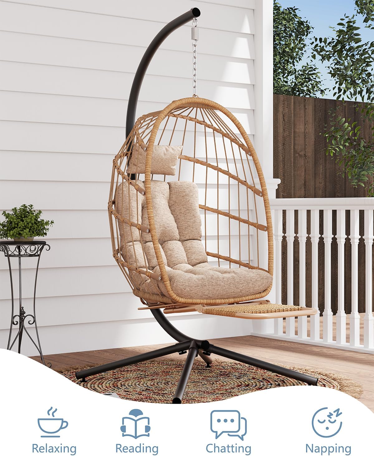 SWITTE Egg Chair Outdoor with Footrest & Stand, Indoor Wicker Hanging Egg Swing Hammock Chair with Cushion for Patio, Bedroom, Garden - Natural