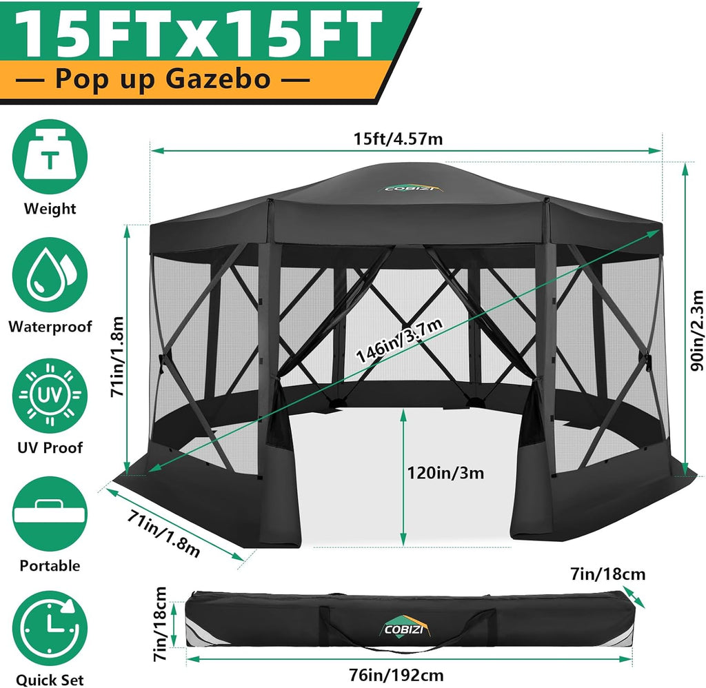 COBIZI Pop Up Gazebo Screen Tent Screen House for Camping, 15x15 Screen Room with Mosquito Netting, Hub Tent Instant Screened Canopy with Carrying Bag and Ground Stakes, Black