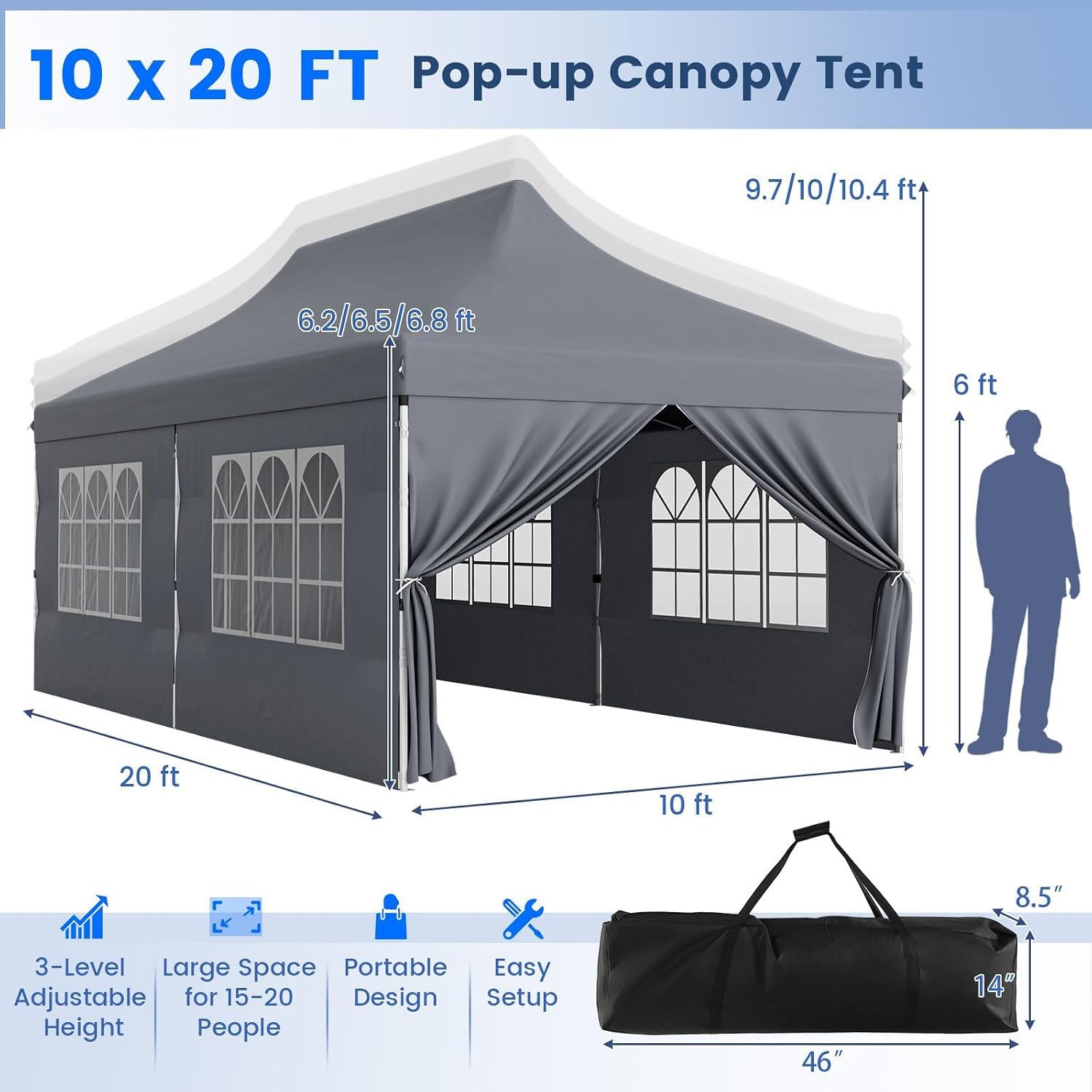 HAPPYGRILL 10x20 Pop Up Canopy Tent with Detachable Sidewalls, Waterproof UPF 50+ Outdoor Instant Gazebo Shelter with Carry Bag for Party Wedding Patio Garden, Grey