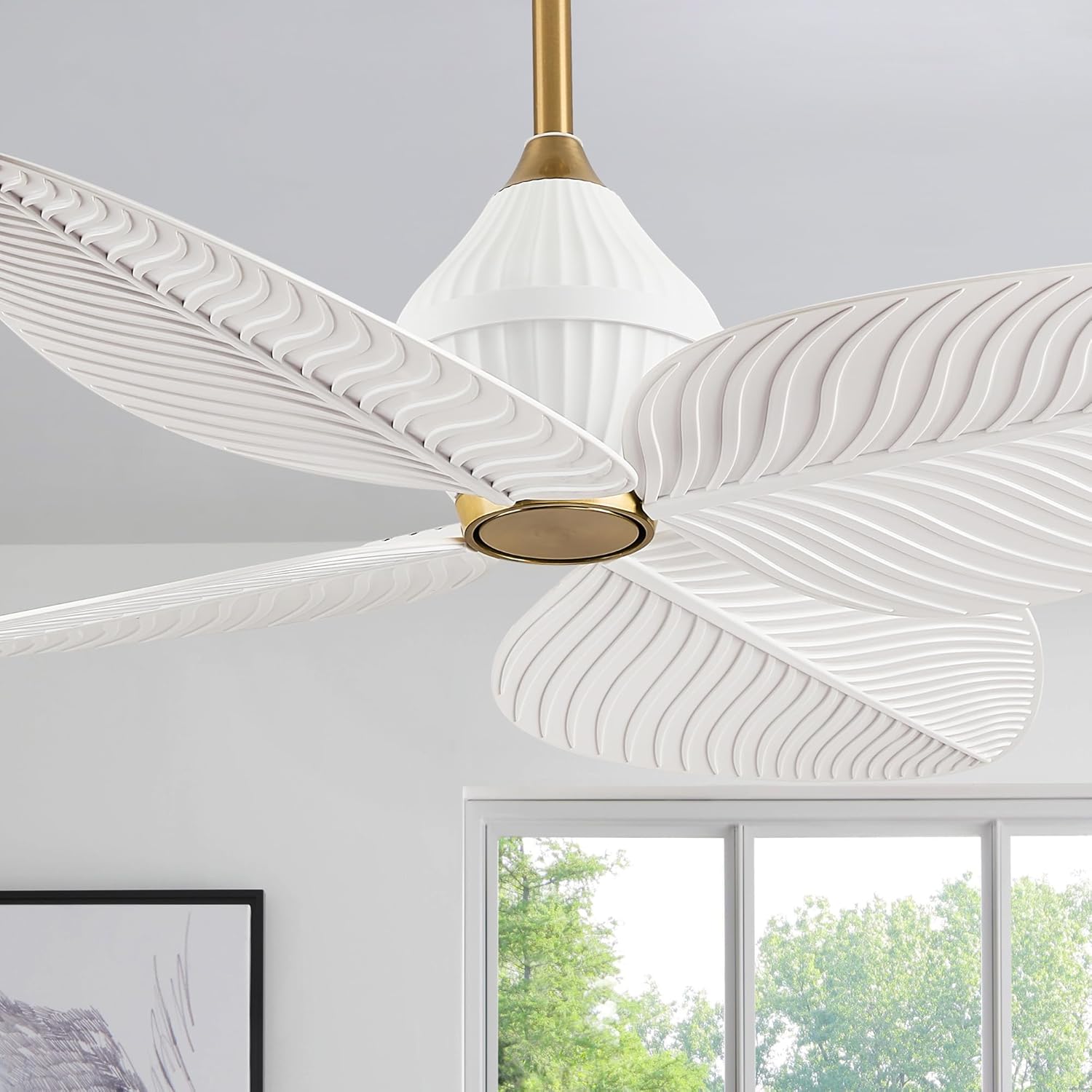 52' Tropical Ceiling Fans, Flush Mount Palm Leaf Ceiling Fan no Light, Indoor Ceiling Fans Without Light for Living Room Bedroom Kitchen Covered Gazebo, APP and Remote Control-White Gold
