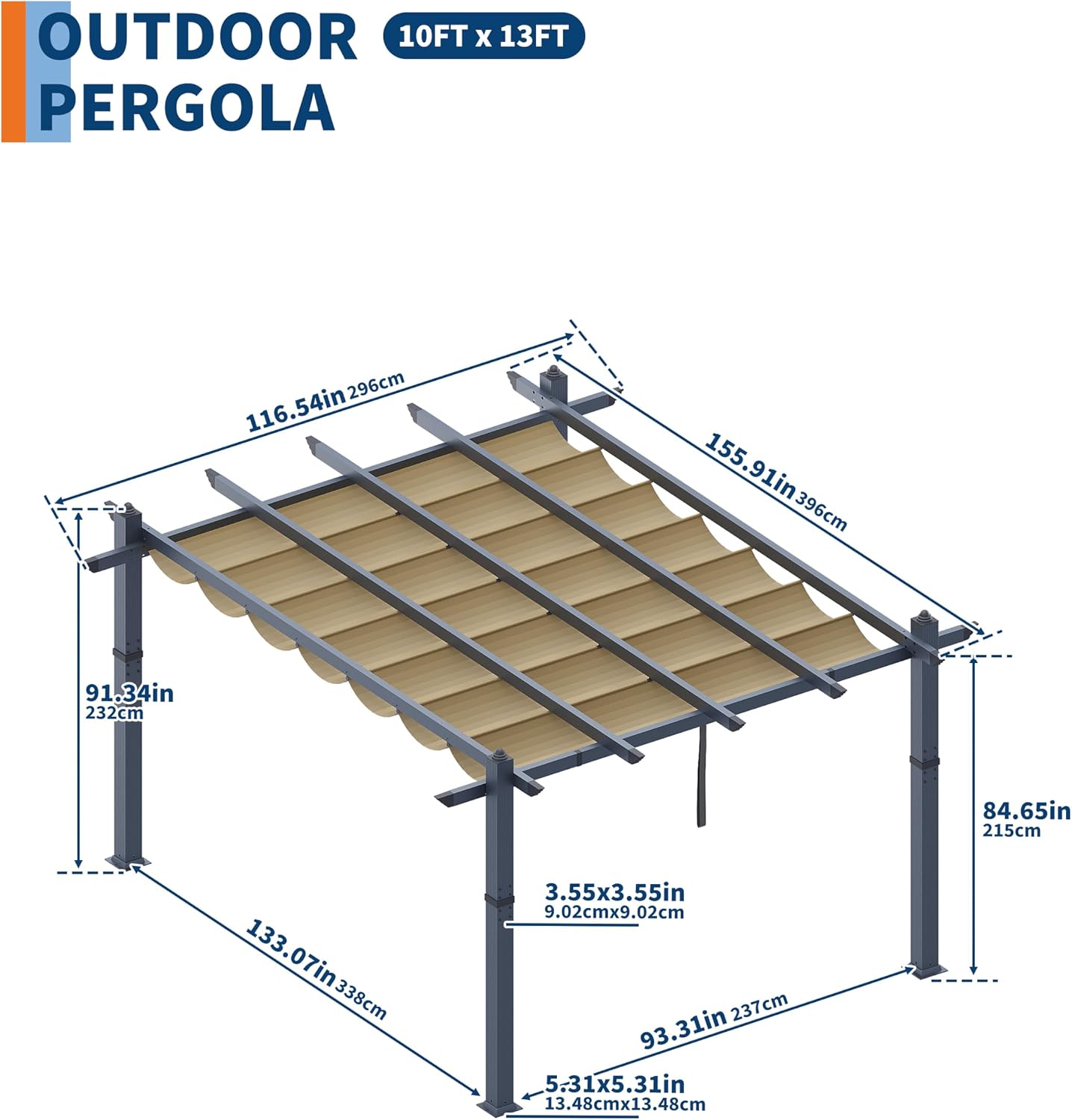 GarveeLife 10x13 ft Aluminum Pergola, Outdoor Metal Pergola with Adjustable Canopy, Reinforced Frame Outdoor Shelter for Backyard, Garden and Deck - Khaki