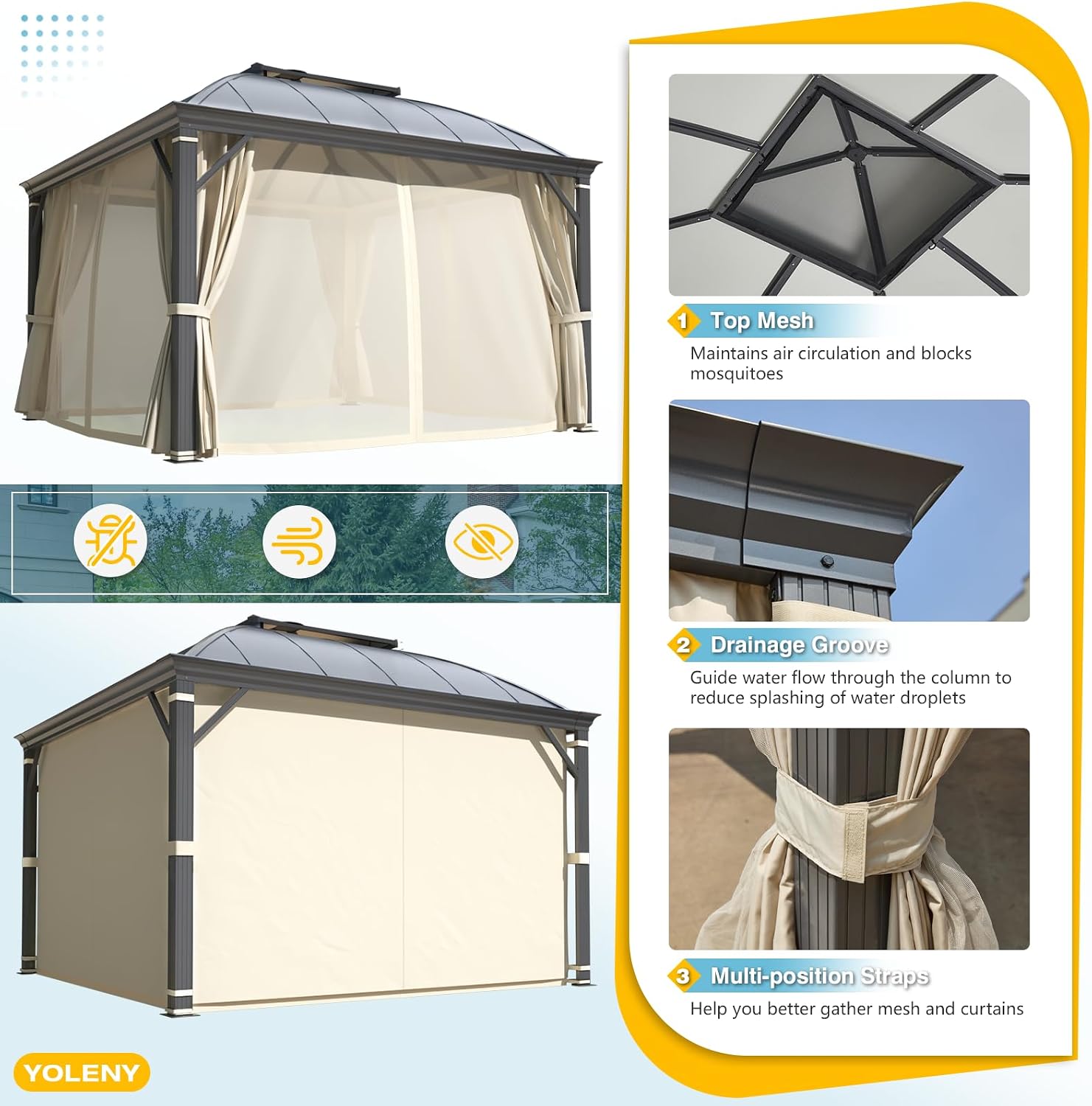 YOLENY 12'x12' Hardtop Gazebo, Permanent Outdoor Aluminum Patio Gazebo with Aluminum Composite Double Arc Roof for Patio Lawn and Garden, Curtains and Netting Included