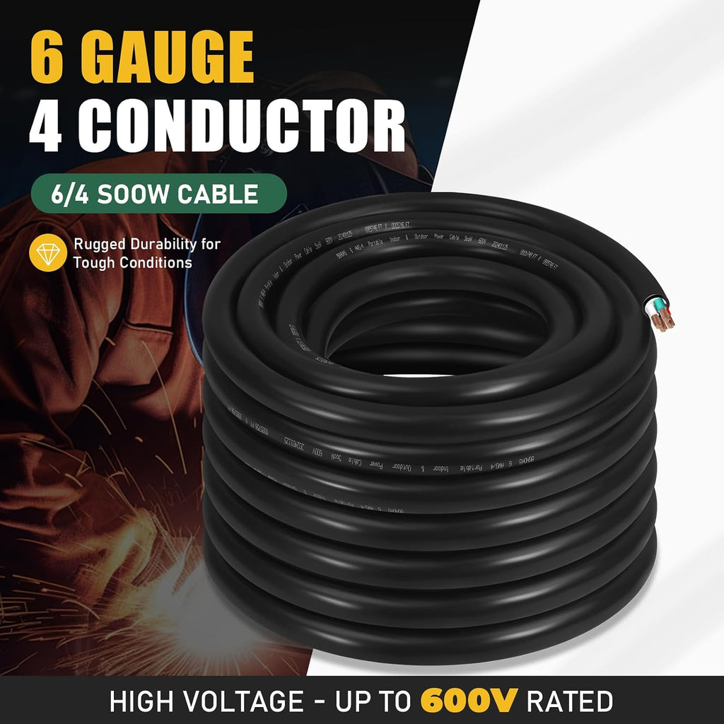 50ft 6/4 6 AWG Portable SOOW Bulk Cable (4 Conductor) - SOOW 600V 6 Gauge Electric Wire for Welder,Generator, Portable Lights, EV Car Chargers,Industrial,Outdoor Use- 50 Feet Electrical So Cord