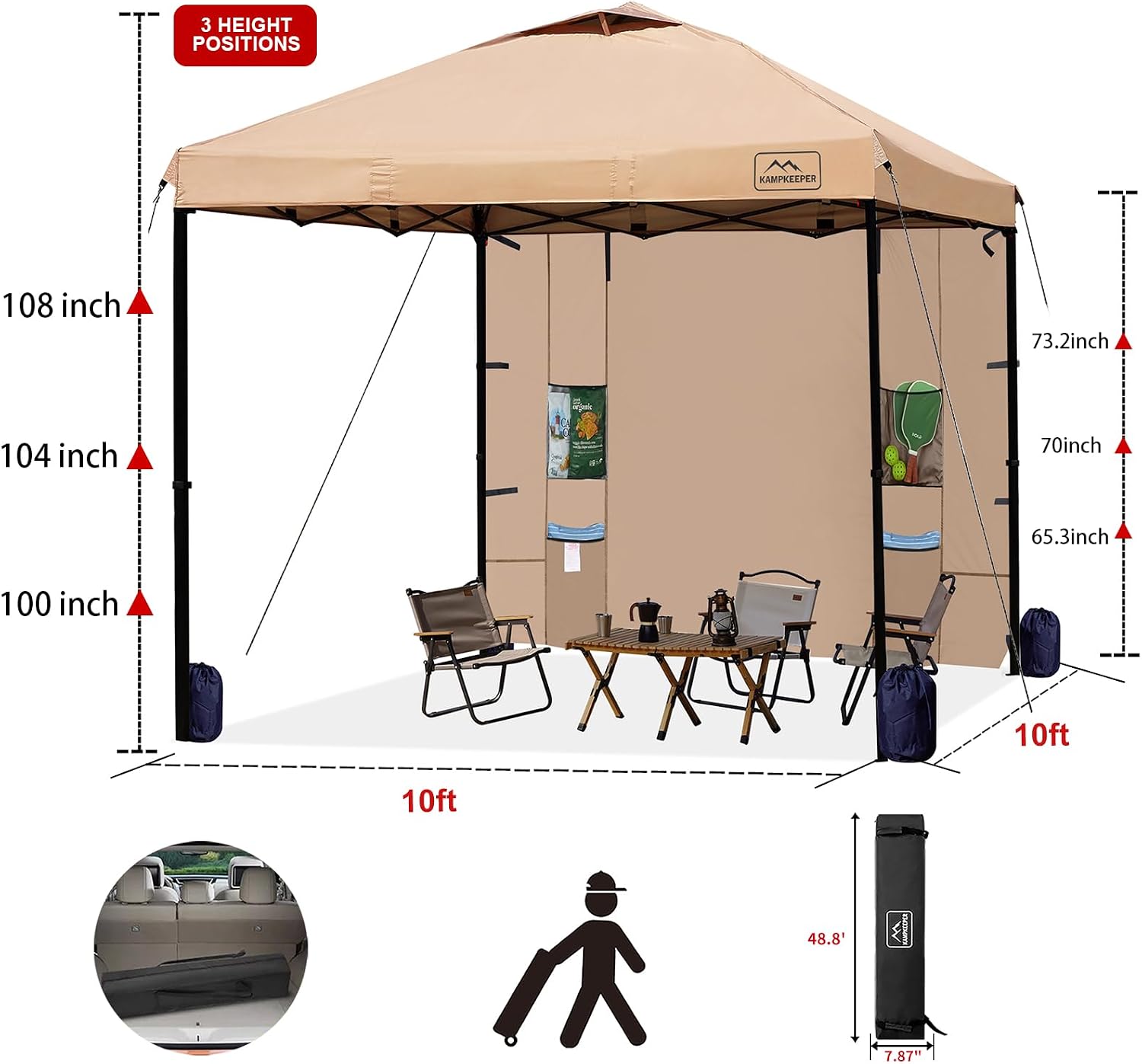 KAMPKEEPER 10x10 Easy Pop Up Canopy Tent with Sidewalls, Instant Outdoor Shade Shelter with Removable 10FT Sun Walls, Quick Setup Waterproof and UV-Resistant for Patio (Khaki, 10x10FT with 1 sidewall)