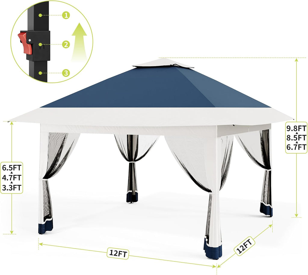 12x12ft Patio Gazebo, Outdoor Canopy with Mesh Walls, Pop Up Gazebo Tent with 4 Ropes 8 Stakes & Portable Carrying Bag, Double Roof, Easy Up Pavilion for Outside Garden, Backyard, Lawn