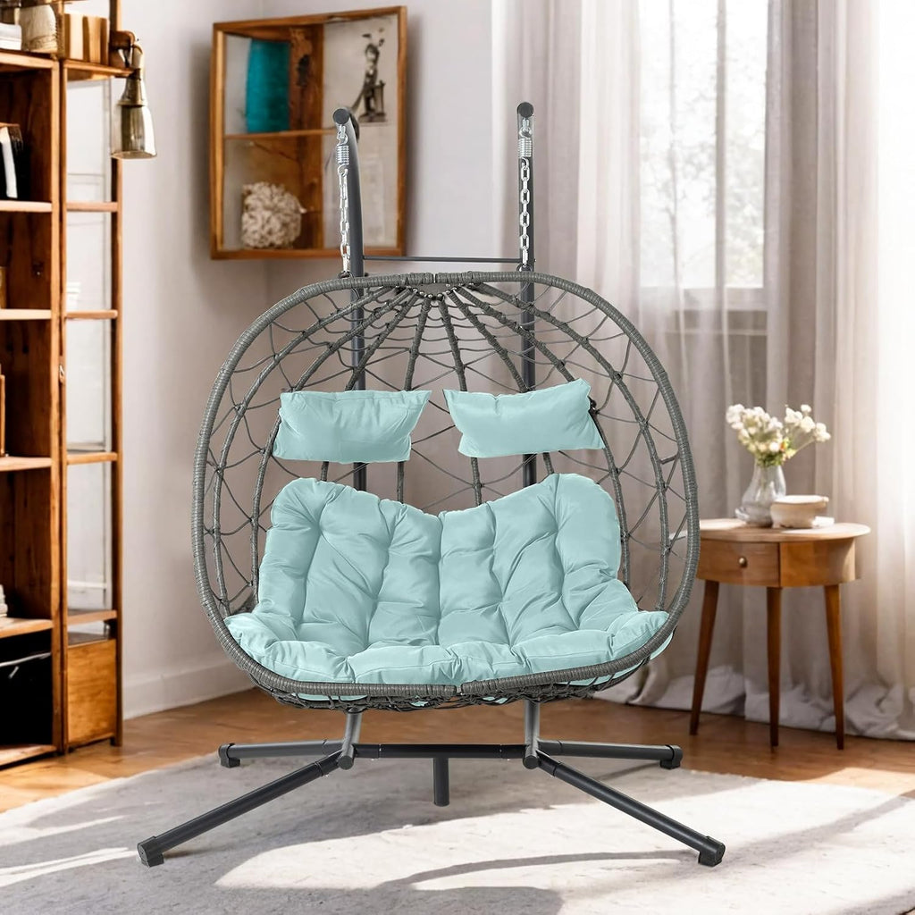 Double Egg Swing Chair with Stand, 2 Person Outdoor Indoor Hammock Hanging Chair with Cushion,Patio Wicker Hanging Egg Chair w/Cushion 700LBS Capacity for Bedroom, Balcony, Garden