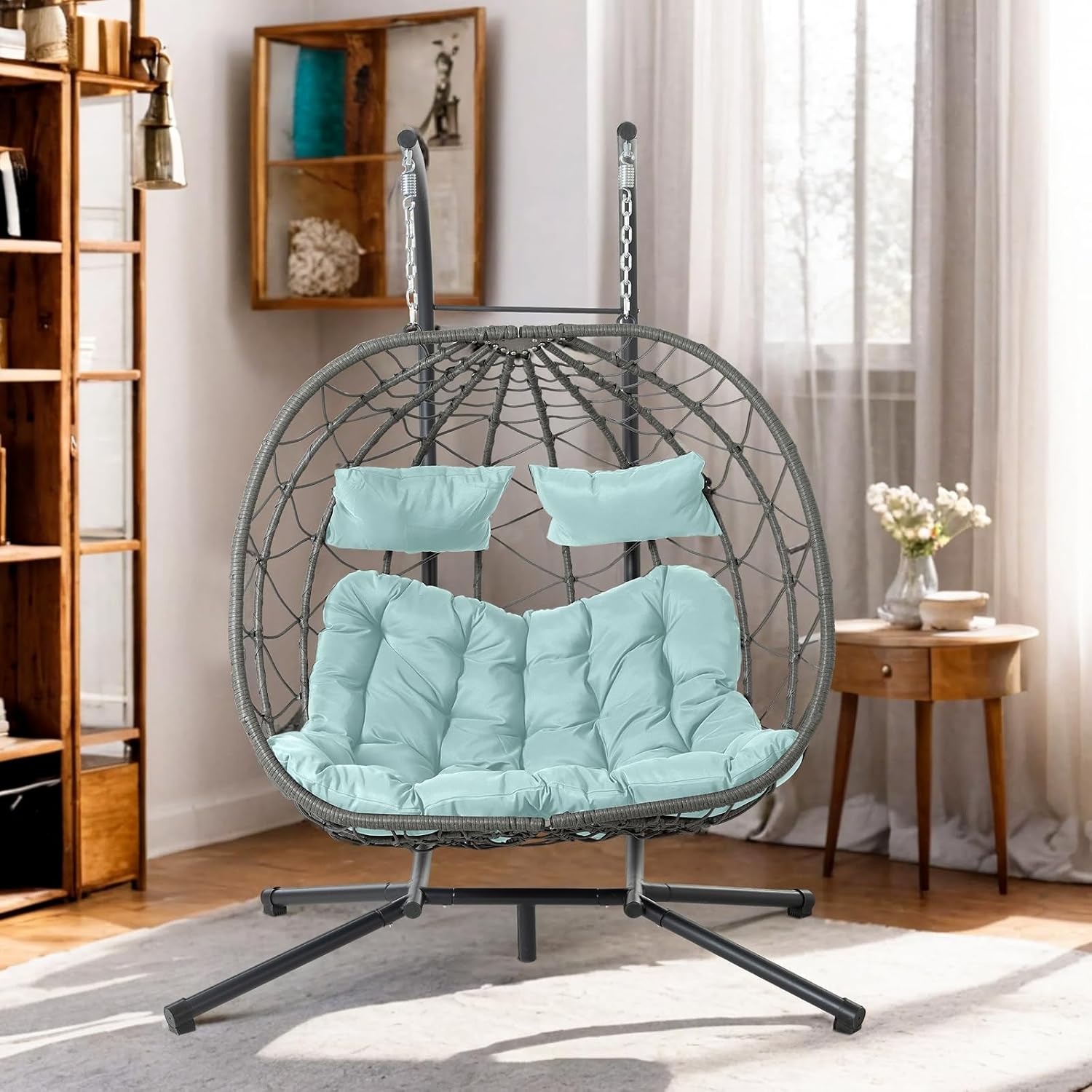 Double Egg Swing Chair with Stand, 2 Person Outdoor Indoor Hammock Hanging Chair with Cushion,Patio Wicker Hanging Egg Chair w/Cushion 700LBS Capacity for Bedroom, Balcony, Garden