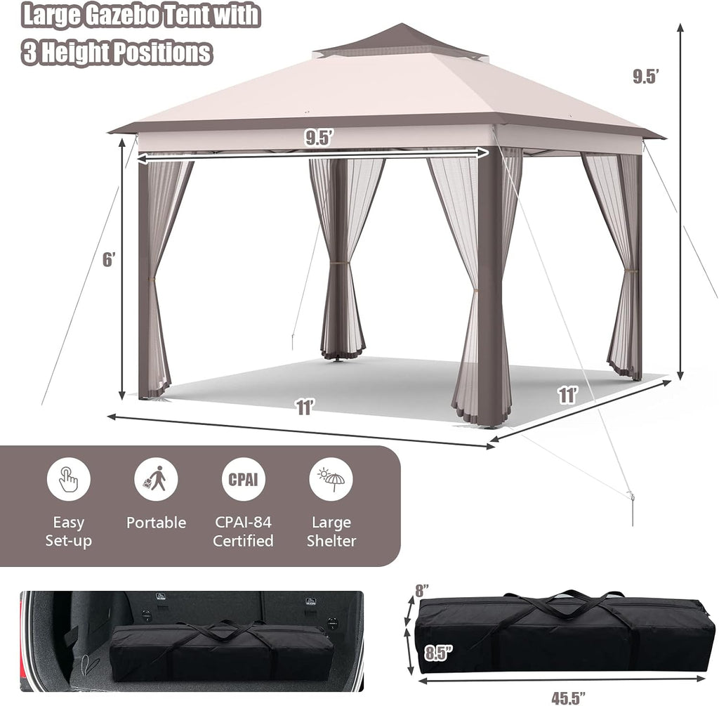 Tangkula 11x11 Ft Pop up Gazebo, 2-Tier Patio Gazebo with Netting, Carry Bag, Easy Set up Outdoor Gazebo with 121 Square Feet of Shade for Backyard, Deck, Poolside (Beige)