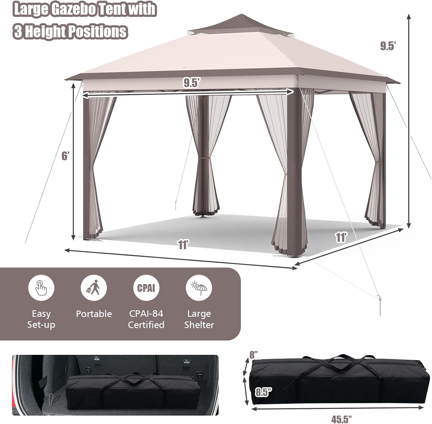 Tangkula 11x11 Ft Pop up Gazebo, 2-Tier Patio Gazebo with Netting, Carry Bag, Easy Set up Outdoor Gazebo with 121 Square Feet of Shade for Backyard, Deck, Poolside (Beige)