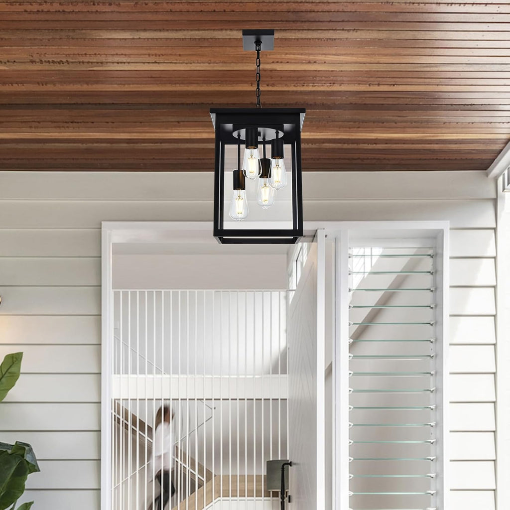 Yaohong Large Outdoor Pendant Lights for Porch, 4-Lights Black Exterior Pendant Light with Clear Glass, Outdoor Porch Light Ceiling Mount Outdoor Hanging Light Fixture for Gazebo, Patio, Entryway