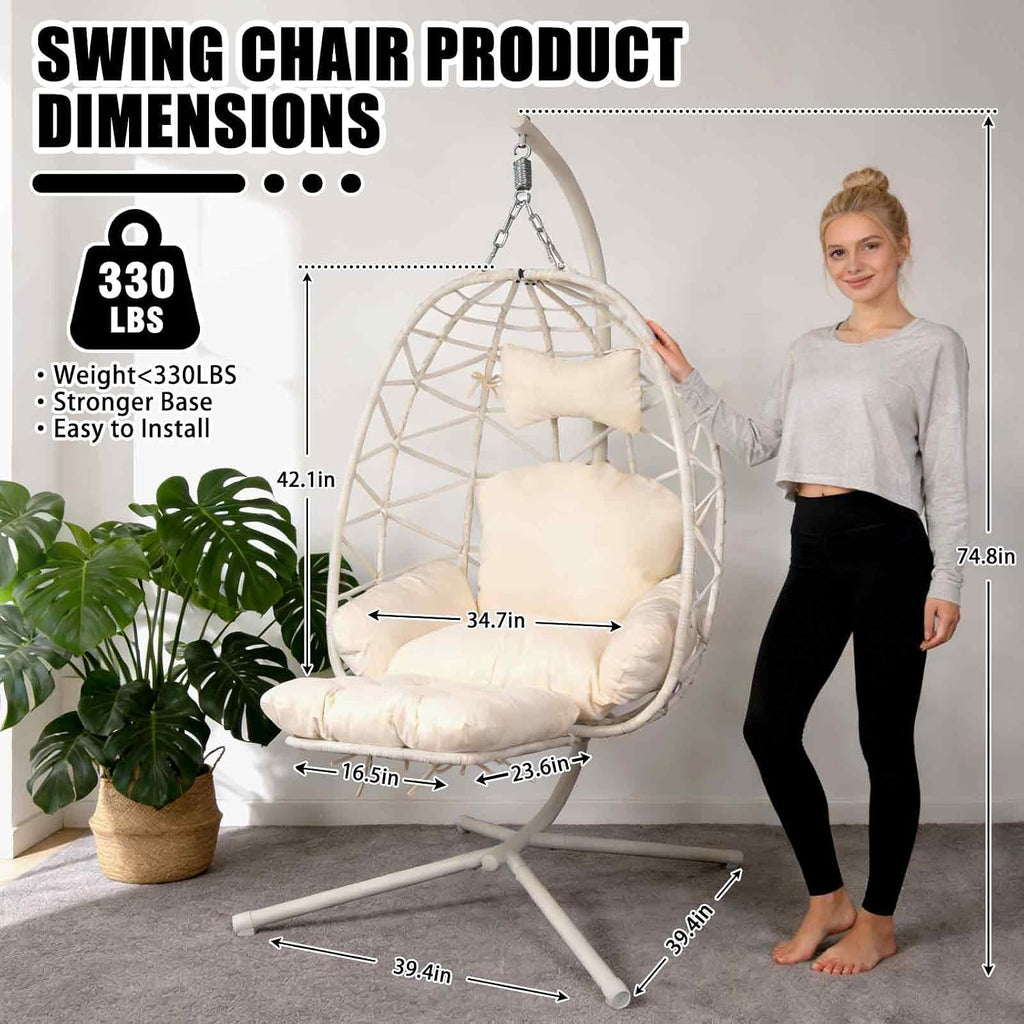 Hanging Egg Chair with Stand & Leg Rest,Rattan Wicker Swing Chair with Cushion,Patio Basket Hanging Chair Wicker Hammock Chair for Indoor Outdoor Bedroom Garden,300LBS (White Rattan&White Cushion)