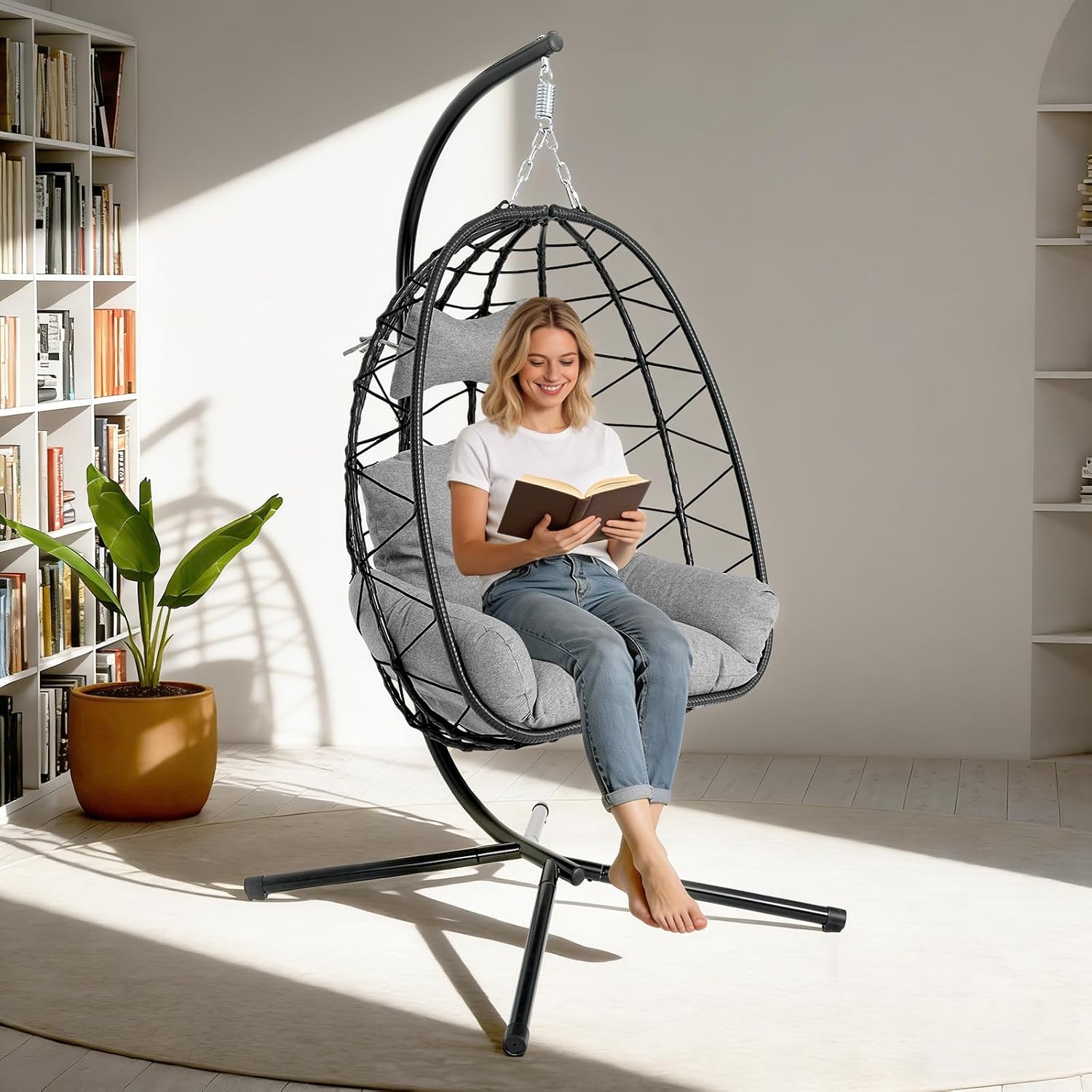 Egg Chair with Stand, Wicker Hanging Chair for Outdoor Patio, Cushioned Hammock Swing for Bedroom Garden Indoor/Outdoor, Double-Zipper Structure Hanging Egg Chair (Black and Dark Gray)