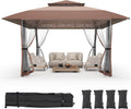 11x11 Pop Up Gazebo Outdoor Canopy Shelter with 4 Sandbags, Instant Patio Gazebo Sun Shade Canopy Tent, Double Tiers & Mesh Netting for Lawn, Garden, Backyard & Deck, Coffee